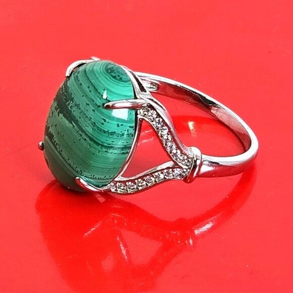 925 Sterling Silver Ring Sz 8.5 with Natural Malachite & CZ - Picture 7 of 13